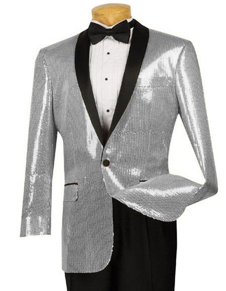 Silver Shiny Paisley Black Lapel Men's Blazer ~ Sport Coat  Tuxedo Dinner Jacket