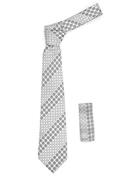 Men's Trendy Geometric Silver Necktie with Grey Circles Includes Hanky Set-Men's Neck Ties - Mens Dress Tie - Trendy Mens Ties