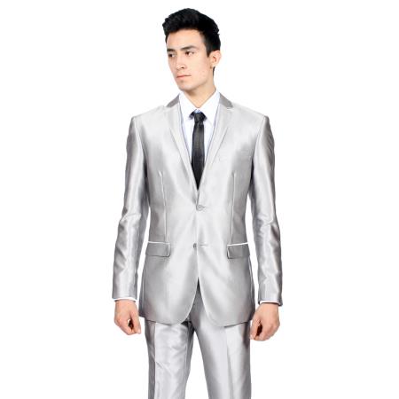 Men's Slim Fit Shiny Silver Tuxedo Formal Looking Sharkskin Suit 