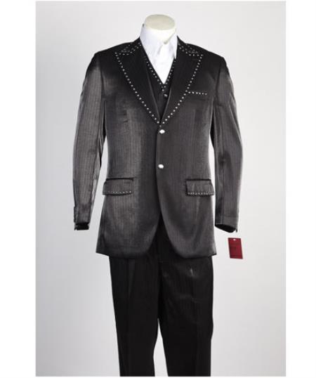 Men's 2 Button Vested Shiny Black Fashion Peak Lapel Suit with Studded trim Men's Sharkskin Suit