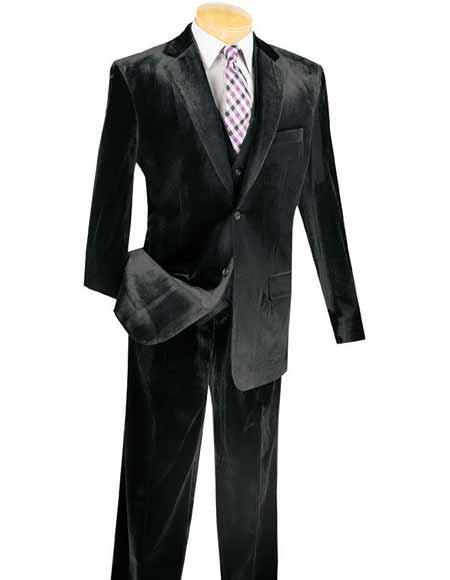 Men's Side Vents 3 Piece Black Velvet Suit Vested Suits 