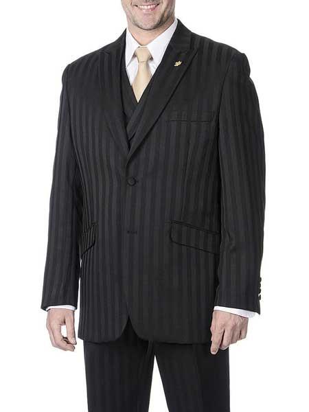Men's 3 Piece Peak Lapel Tone on Tone Shadow Stripe Black On Black Striped  Polyester Vest Suit
