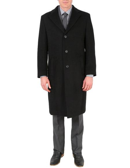 Men's Dress Coat Black Wool Tone Stripe Overcoat with slanted pockets