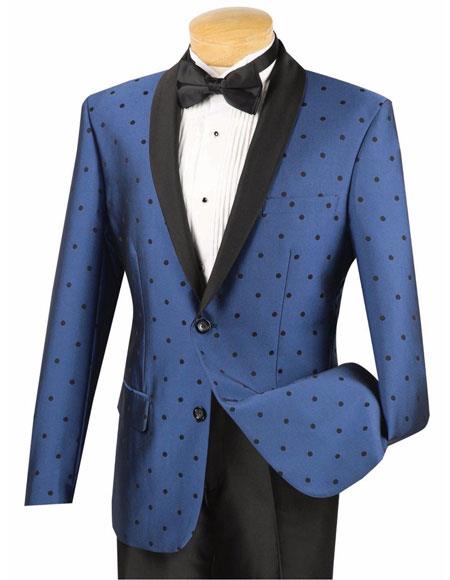 Men's Blue 2 Button Slim Fit Polka Dot Shawl Lapel Fashion Tuxedo For Men