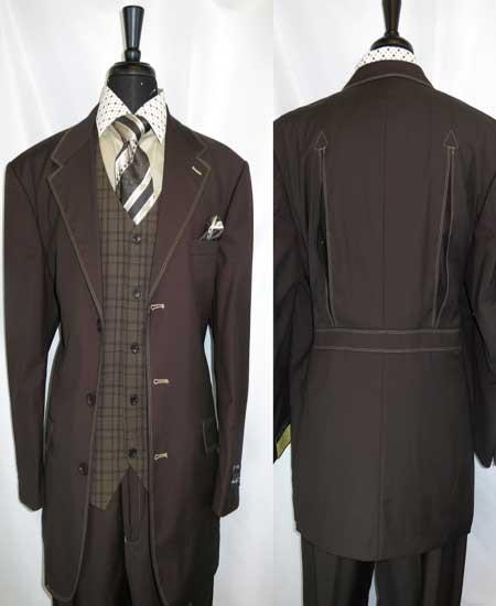 Men's Trimmed Vest 3 Button Brown Belted Back Three Buttons Style suit