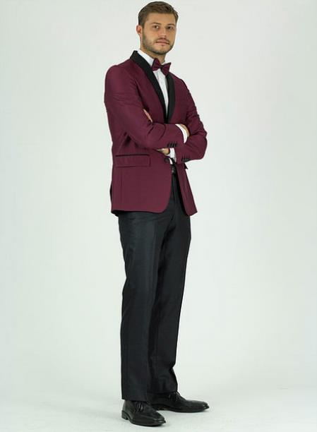 Style#-B6362 Men's  Burgundy ~ Wine ~ Maroon Color Shawl Lapel Side Vents Jacket Burgundy Tuxedo