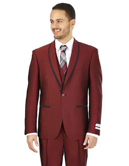 Men's Lorenzo Bruno Slim Fit Burgundy 1 Button Besom Pockets Burgundy  Suit 