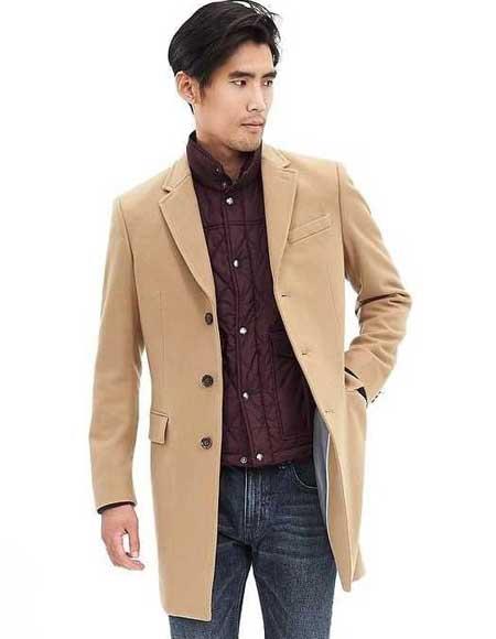 Mens Overcoat Three Quarters Length Men's Long Jacket Dress Coat Camel Wool Blend 3 Button Men's Carcoat ~ Designer Men's Wool Men's Peacoat Sale