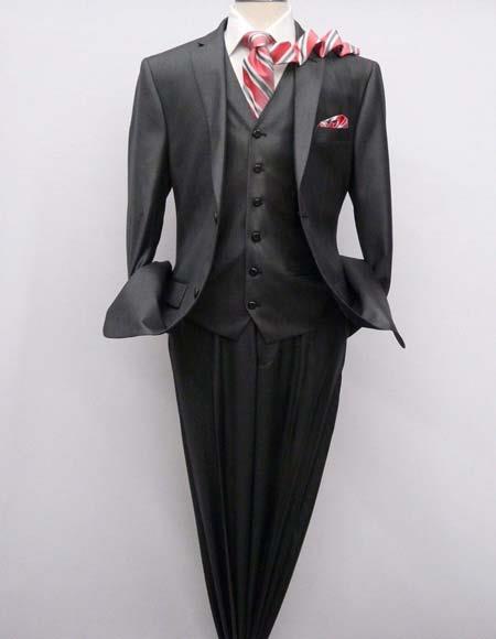 Men's VITALI  Charcoal Gray Three Piece Suit Vested Semi Shiny Sharkskin - Color: Dark Grey Suit