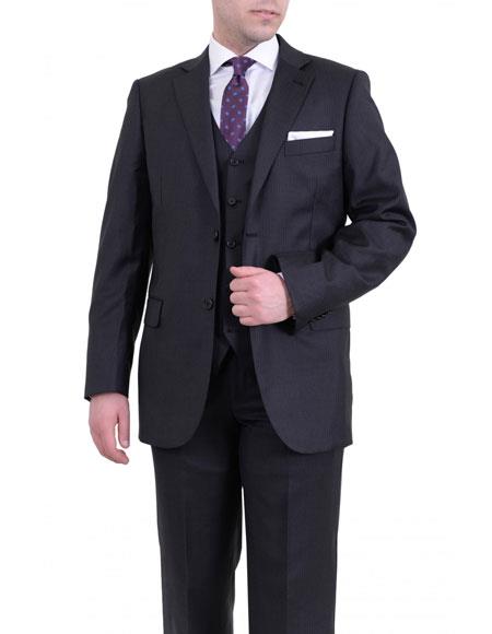Men's Charcoal Gray 2 Buttons Classic Fit Pinstriped Vested Suit - Color: Dark Grey Suit 
