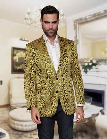 Style#-B6362 Alberto Nardoni Floral Paisley Shiny Satin Stage Party Two Toned Blazer / Sport coat / Jacket Gold