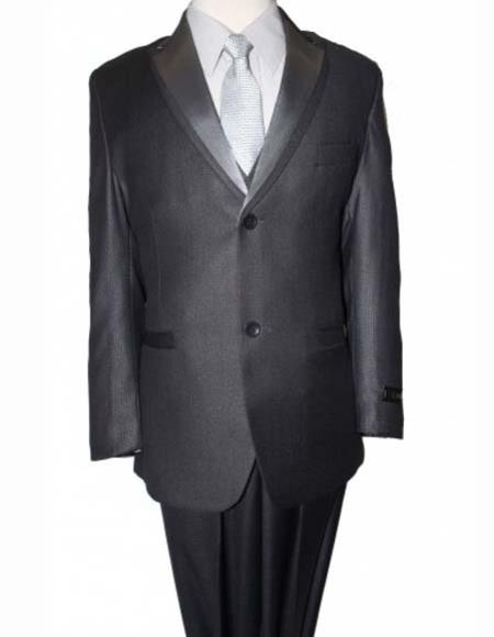 Boy's Solid Double Lapel  Gray 5 Piece Suit Vested With Shirt,Tie & Hanky