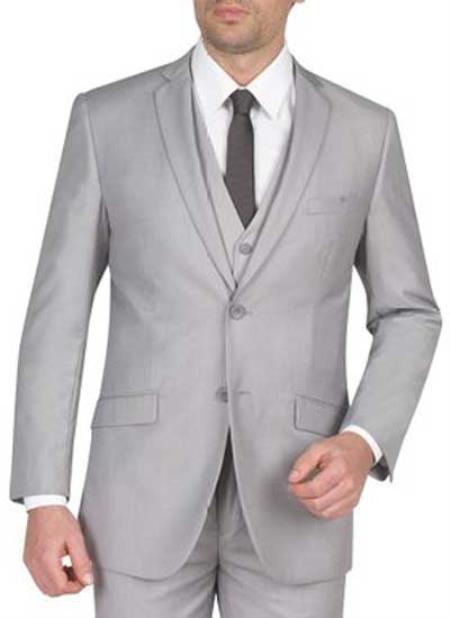 Men's 3 Piece Light Grey Notch Collar Double Vent Slim Fit Vested Suit