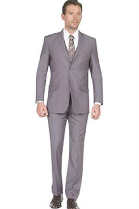 Men's Slim Fit Grey Notch Collar Side Vent 3 Piece  Vested Suit
