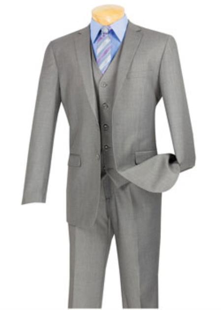 Men's Heather Grey 3 Piece 100% Wool Executive Suit - Narrow Leg Pants