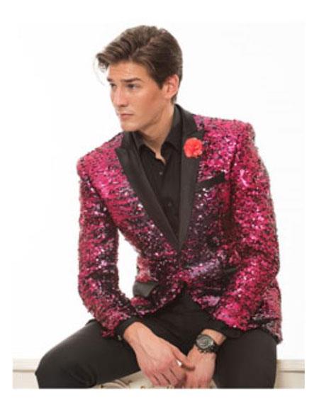 Men's Shawl Black Lapel Groom Tuxedos Hot Pink ~ Fuchsia Suits Wedding Dinner Party Wear (Jacket+Pants+Tie)