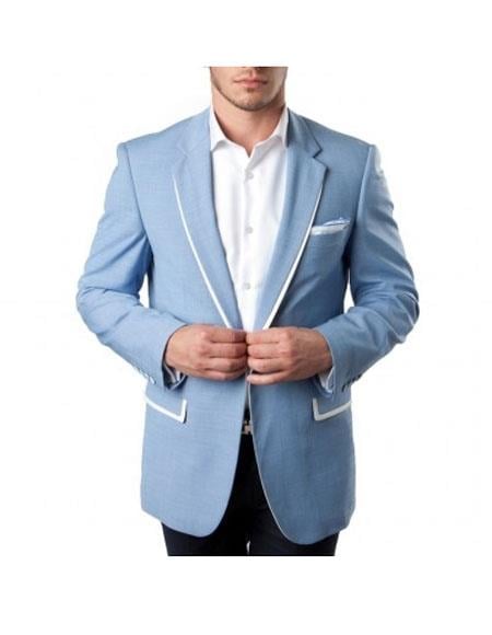 Style#-B6362 Men's Tazio Cheap Priced Designer Fashion Dress Casual Blazer For Men On Sale Light Blue with White Trim Slim Fit Wedding Blazer 