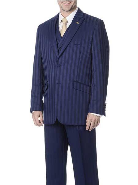 Men's Dark Navy Blue Suit For Men 3 Piece Polyester Peak Lapel Striped  Vest Suit