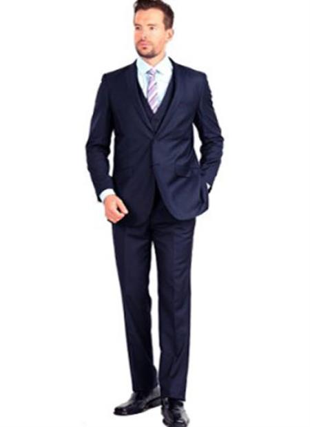 Men's 3 Piece Side Vent Notch Collar Dark  Navy Slim Fit Vested Suit