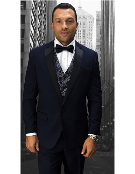 Men's Statement Suits Clothing Confidence  Modern Fit Dark Navy 1 Button Fancy Vest Tuxedo 