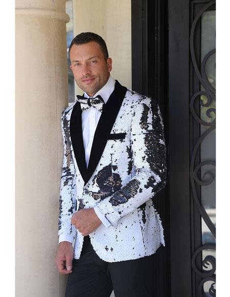 Style#-B6362 Men's fashion paisley print tuxedo Sequin ~ Shiny ~ Flashy ~ Shark skin white Blazer Dinner Jacket