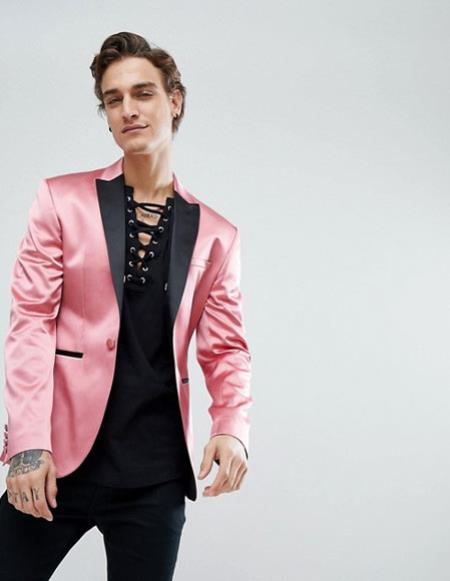 Alberto Nardoni Brand Men's Lapel Satin pink skinny tuxedo blazer
