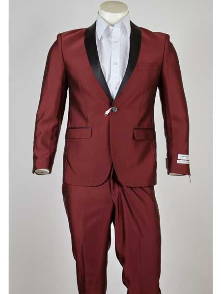 Men's Black Shawl Lapel 1 Button Classic Fit  Burgundy ~ Wine ~ Maroon Suit 