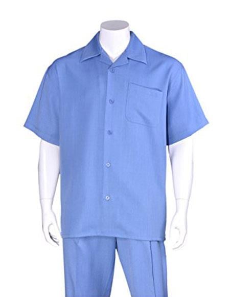 Men's Casual Sky Baby Blue Short Sleeve Plain Two Pieces Casual Two Piece Walking Outfit For Sale Pant Sets Suits with Matching Pleated Pants - Mens Linen Suit