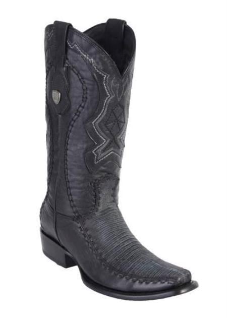 Men's Sanded Black Dubai Square Toe Wild West Genuine Lizard Handcrafted Dress Cowboy Boot Cheap Priced For Sale Online