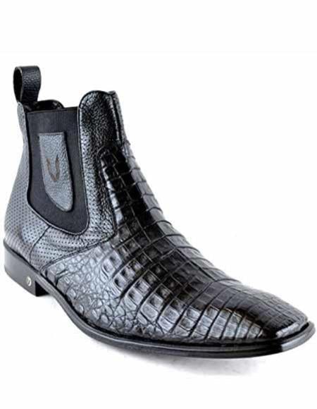 Men's Caiman Belly Skin Leather Square Toe Short Black Boots