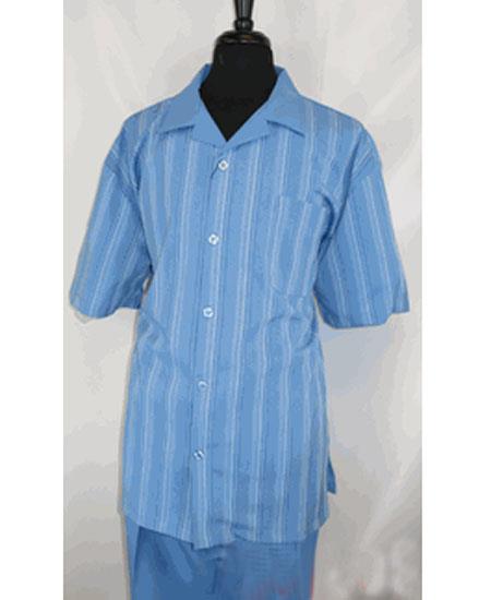 Men's Stripe Pattern Blue Short Sleeve 5 Buttons Shirt Walking Leisure Suit