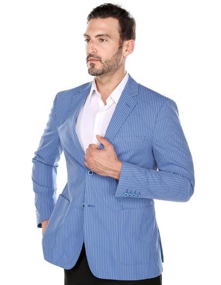  Renoi Men's summer Blue textured pinstripe Slim Fit Italian Styled Blazer