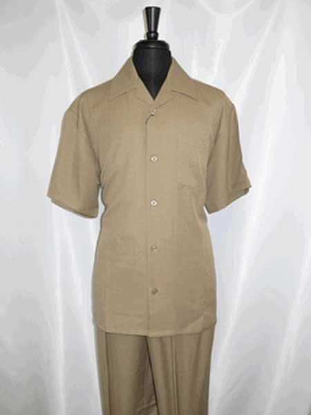 5 Buttons Short Sleeve Tan Casual Two Piece Walking Outfit For Sale Pant Sets Shirt With Pant Set