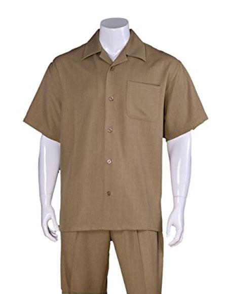 Men's Tan Casual Short Sleeve Plain Two Pieces Casual Two Piece Walking Outfit For Sale Pant Sets Suits with Matching Pleated Pants