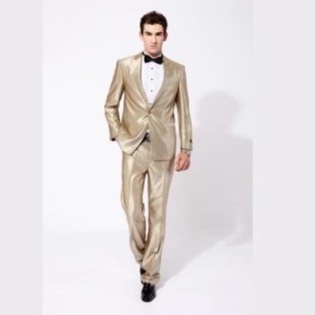 Slim Fit Suit Men's Champagne ~ Tan Shiny Flashy Sharkskin 2 button Men's Slim Fit Suits