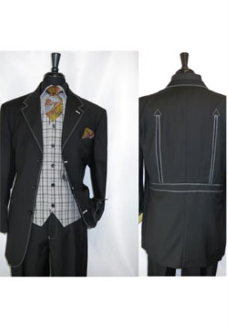 Fortino Landi Black Men's Vested  3 Button Suit Jacket