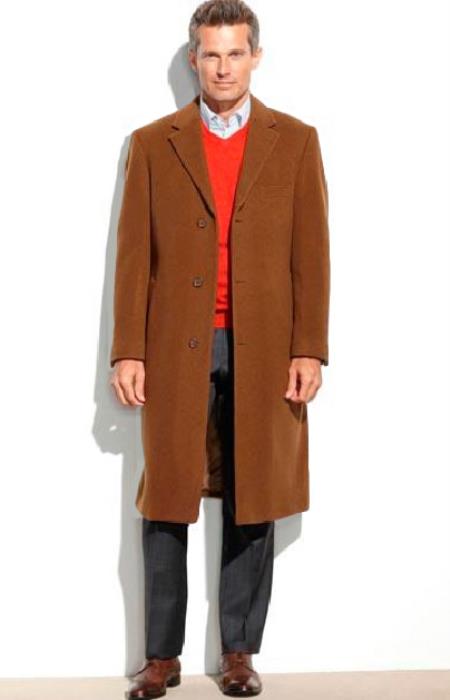 Men's Dress Coat Brown 65% Wool full length Overcoat ~ Long Men's Dress Topcoat -  Winter coat (Cashmere Touch (not cashmere))