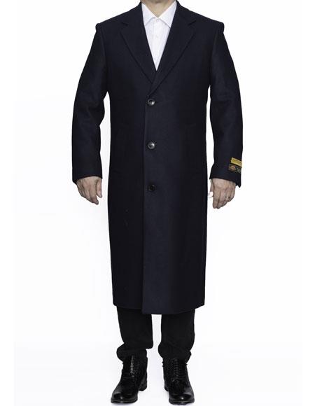 Men's Dress Coat Full Length Wool Dress Top Coat / Overcoat in Navy Blue Authentic Reg:$700 Designer now on Sale 