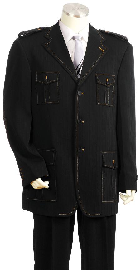 Men's Exclusive 3 Button Black Safari Military Style Zoot Suit 