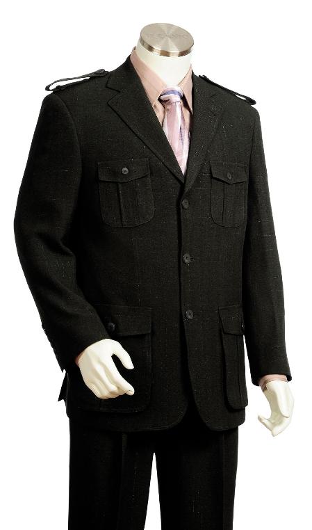 Men's High Fashion 3 Button Black Safari Military Style Zoot Suit 