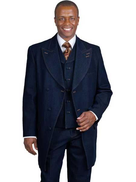 Men's 3 Button Blue Denim  Vest Urban Wide Leg Cheap Priced Business Suits Clearance Sale
