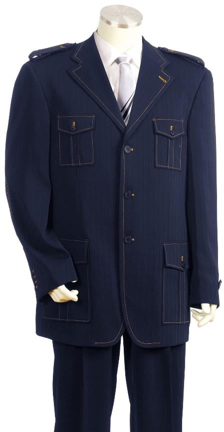 Men's Luxurious 3 Button Dark Navy Safari Military Style Zoot Suit- Dark Blue Suit Color