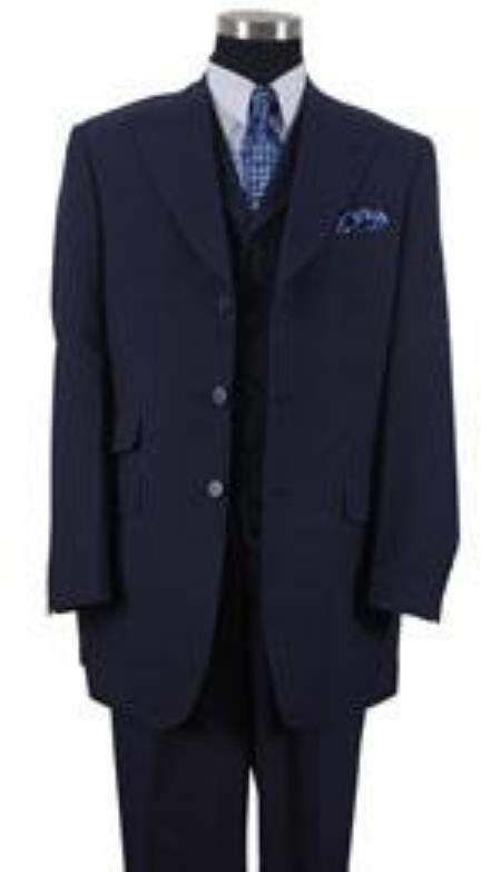 Men's Peak Lapel Vested 3 Piece Ticket Pocket - Dark Blue Suit Color