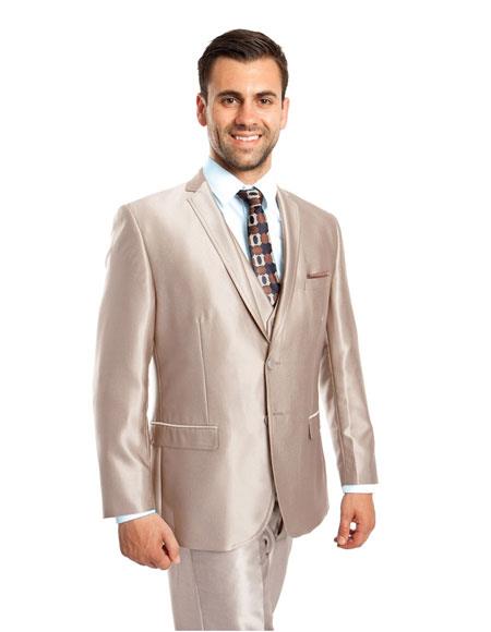 Men's Sharkskin Flashy Metallic Silky Beige Shiny 2 Button  3 Piece Suit Slim Fit Suit 
