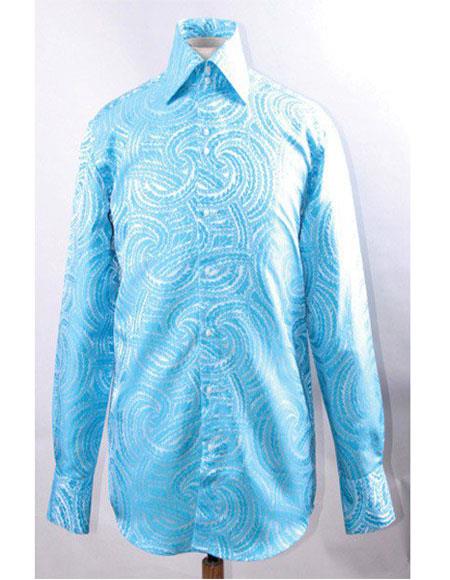 Men's High Collar Fashion ~ Shiny ~ Silky Fabric Turquoise Braid Swirl Pattern Night Club Outfit guys Wear For Men Clothing Fashion