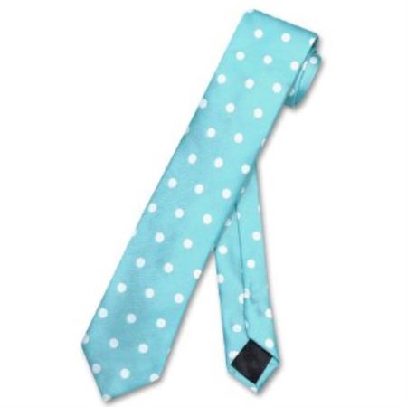 Skinny turquoise ~ Light Blue Stage Party Blue w/ White Polka Dots 2.5 Neck Tie - Men's Neck Ties - Mens Dress Tie - Trendy Mens Ties