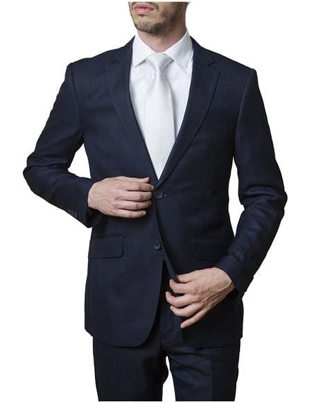 Giorgio Fiorelli Men's Black 2 Button Slim Fit Dark Navy Plaid Fully Lined Suit - Dark Blue Suit Color