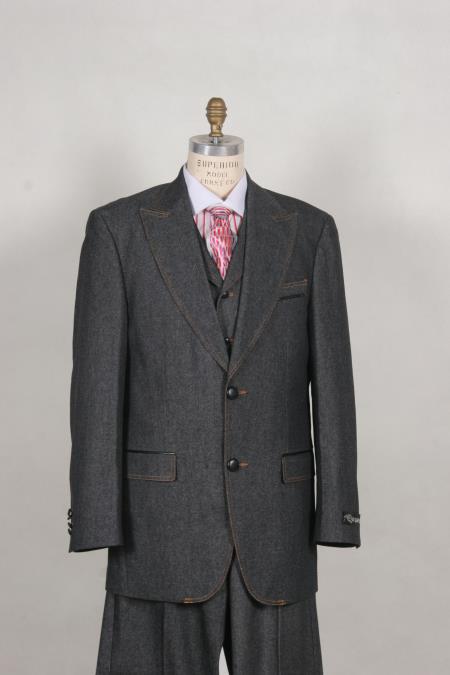 Style#-B6362 Men's Stylish Two Button Black Suit Peak Lapel Vested Denim~Jean~Cotton wide leg pants - Three Piece Suit