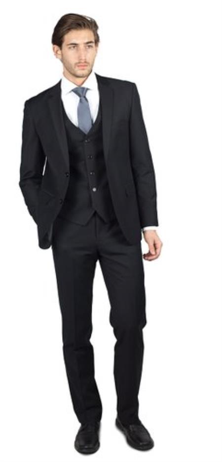 Men's Black 2 Button Three Piece TR Blend Suit