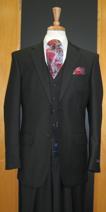 Men's Black Two Button Flat Front three piece classic Italian suit